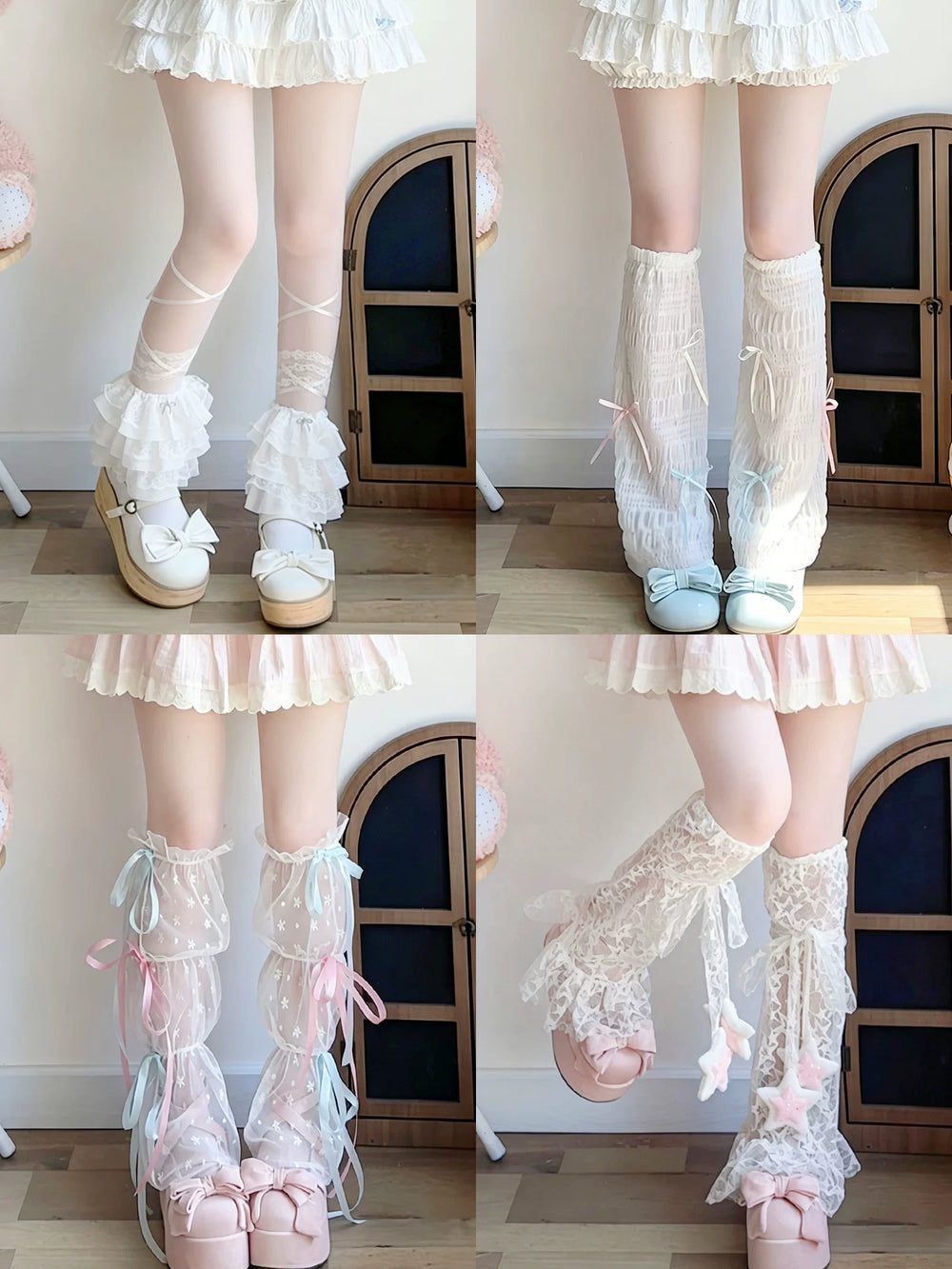 Four leg-sleeve styles shown in a collage, including ribbons, star straps, bows and lace.