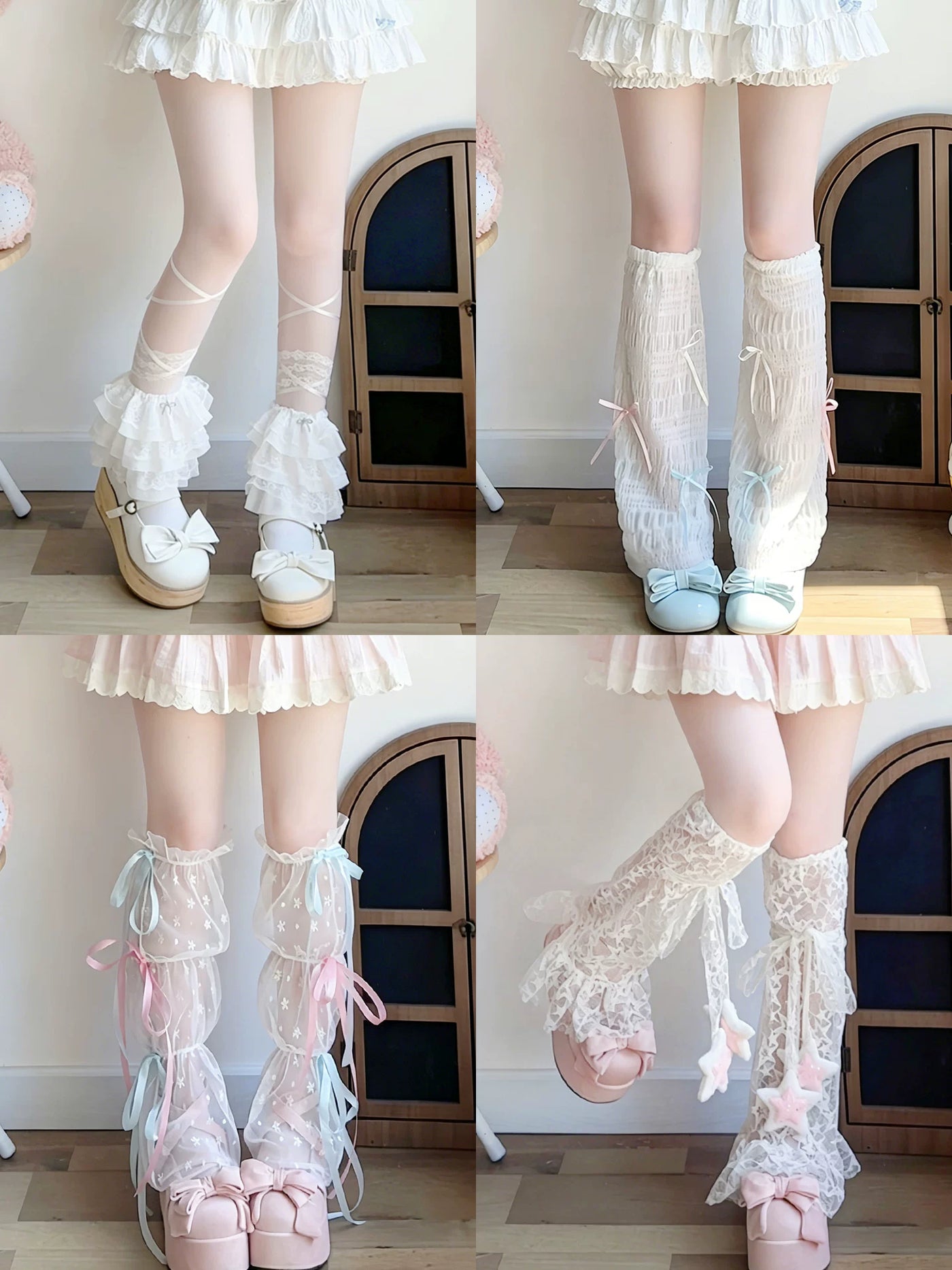 Four leg-sleeve styles shown in a collage, including ribbons, star straps, bows and lace.