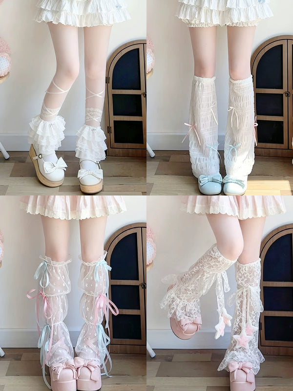 Four leg-sleeve styles shown in a collage, including ribbons, star straps, bows and lace.