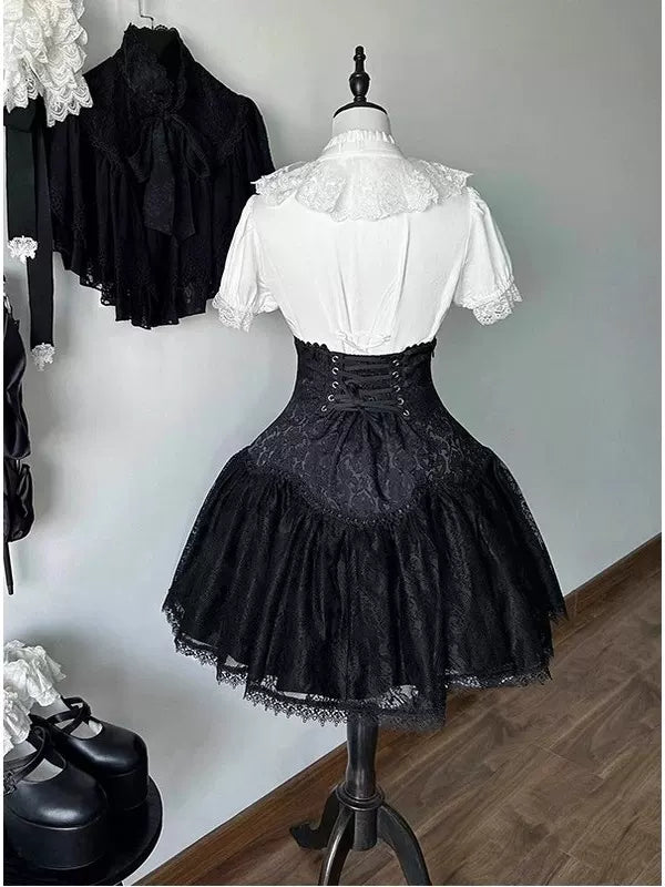 Creamy - Black-and-White Gothic - Blouse set with lace bib and black SK short skirt