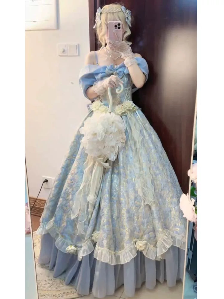Flora Muse - Romantic Lolita Ballgown - Blue off-shoulder one-piece