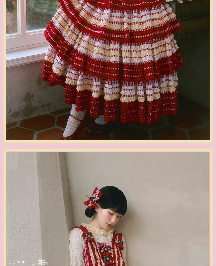 Red gingham ruffled dress with cream trim and cherry appliqués shown in product photos.