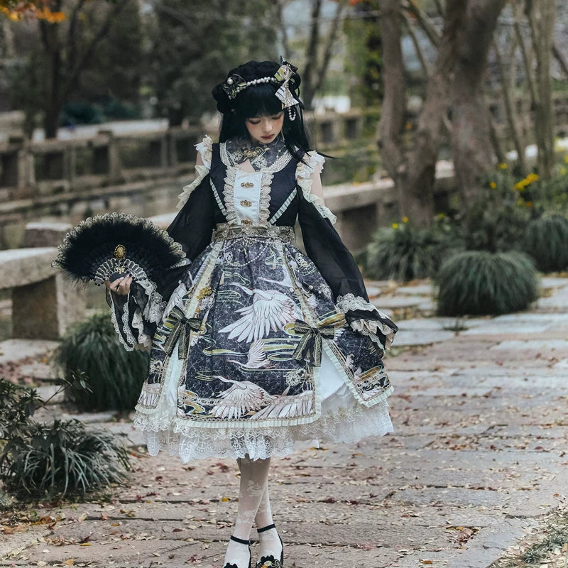 Leopard Cat crane distance OP dress by Lolita Fetch featuring a detailed leopard and crane print on a stylish black dress.