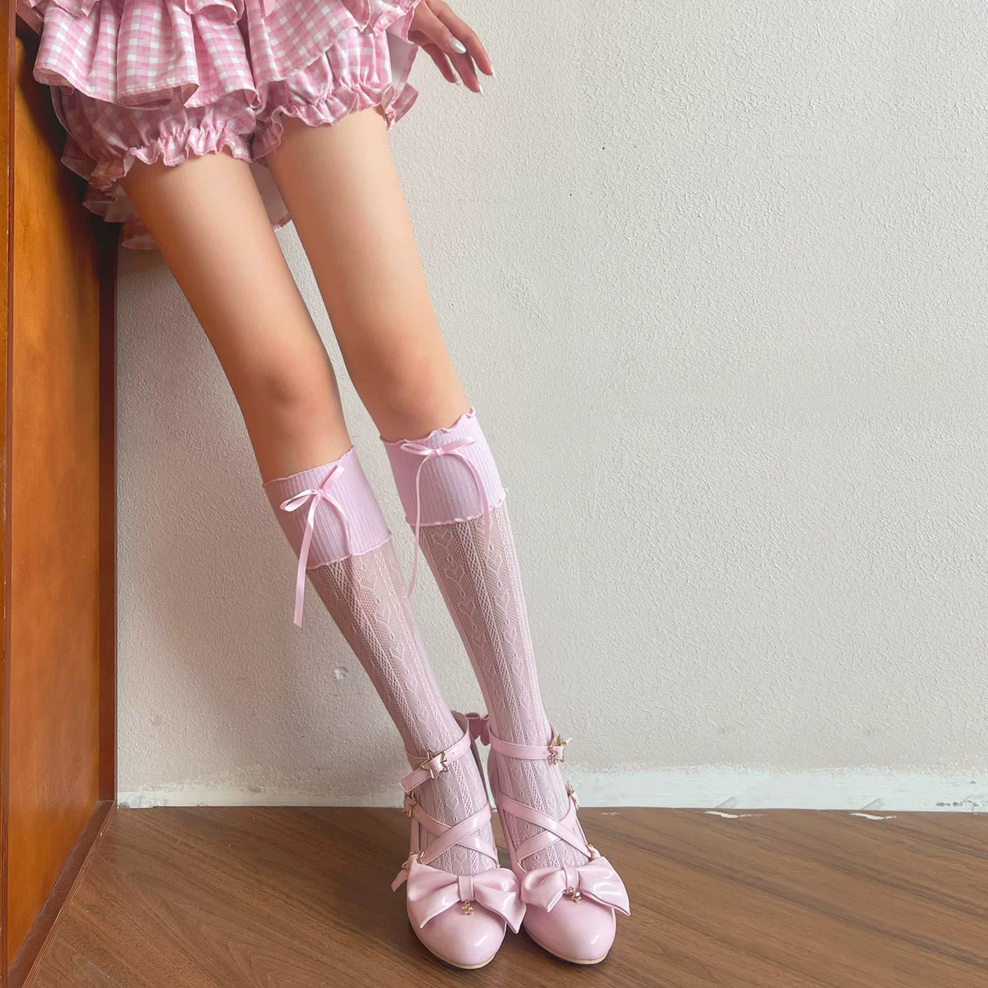 Sock Noble - Academy Lace - Scrunched calf socks with lace panels and ribbon bows