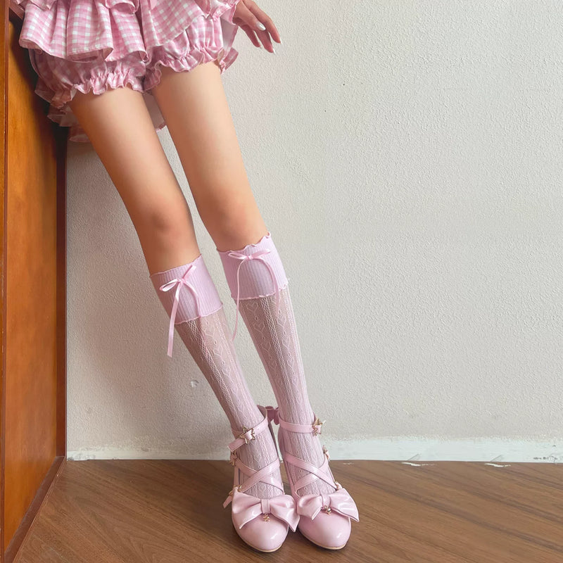 Sock Noble - Academy Lace - Scrunched calf socks with lace panels and ribbon bows
