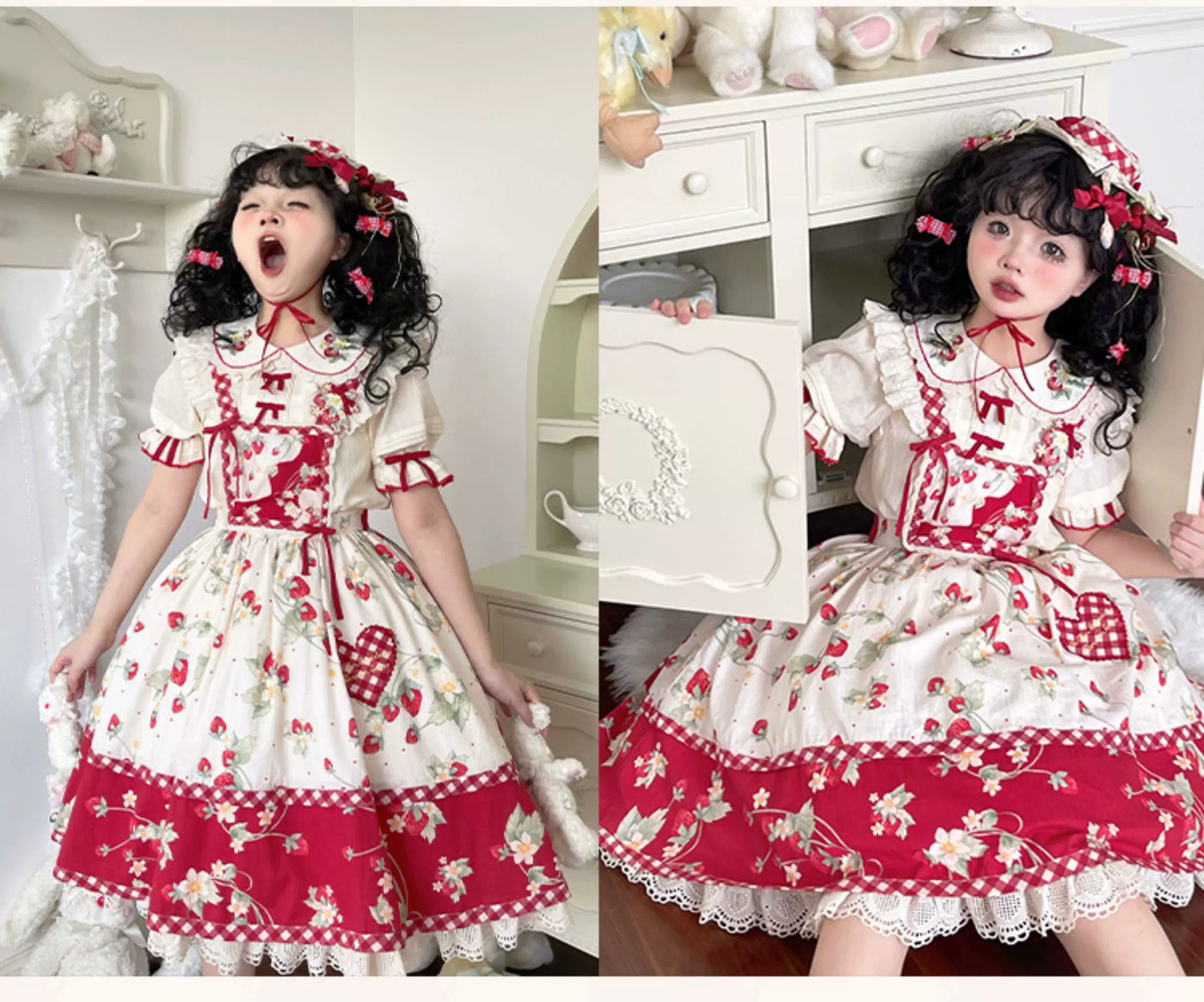 Baozi Pig - Strawberry Orchard - Short-Sleeve Lolita Blouse with a Strawberry-Embroidered Collar