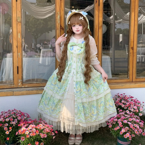 Models wearing pastel floral long OP and JSK dresses with lace trim