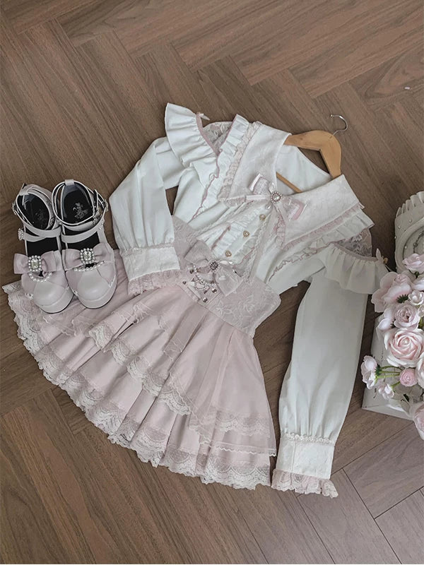 Creamy - Elegant Lady - Lace-Trimmed White Blouse and Pink Skirt Set