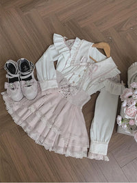 Elegant Lady - Lace-Trimmed White Blouse and Pink Skirt Set - White shirt + pink skirt / S