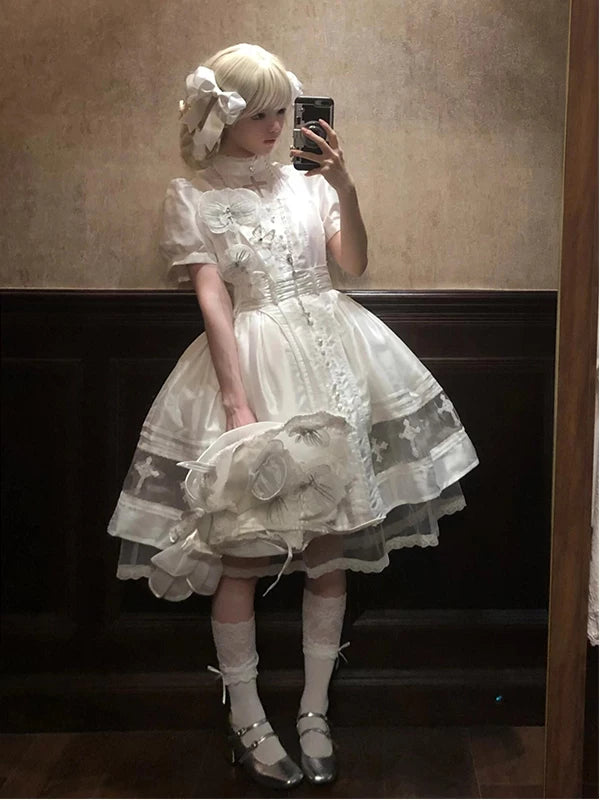 Creamy - White Gothic - Short-Sleeve High-Collar OP Dress with Chest Accessory