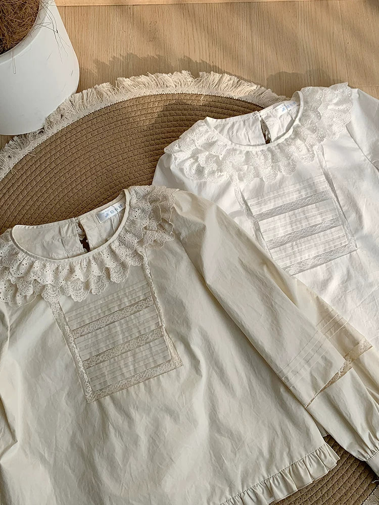 With PUJI - Jennie - Sweet Lolita Cotton Shirt, Ruffled Round Collar