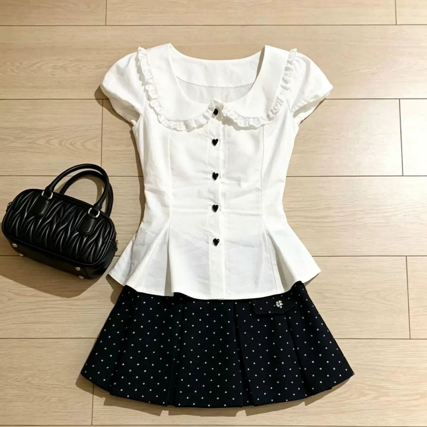 Sweetheart Dream Machine - Heart Button - White Blouse with a Rounded Ruffle-Edged Collar