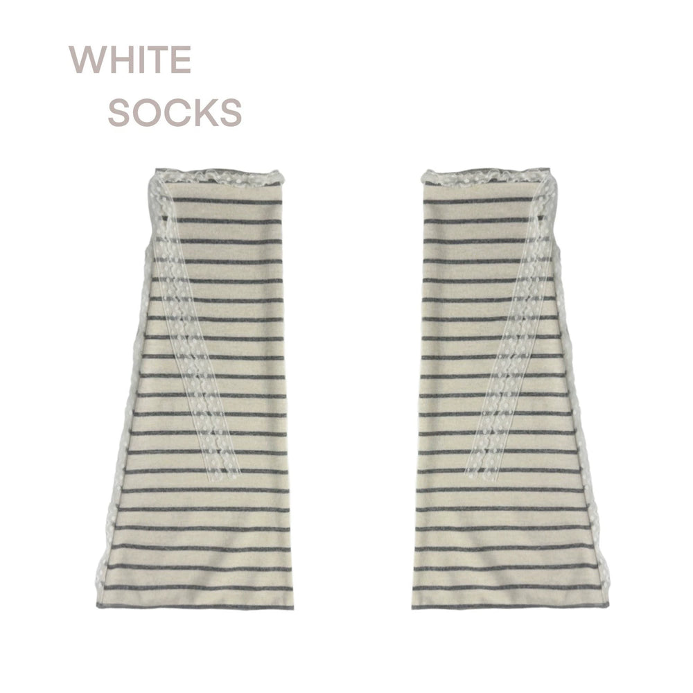 Striped leg warmers in milky white, heather gray, and mist black with lace-trimmed openings.