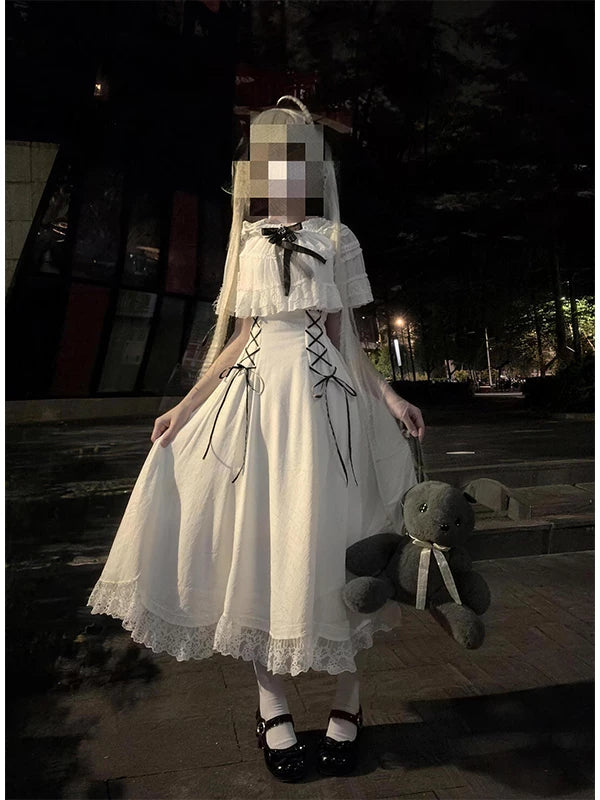 Creamy - Bow-Laced - White Lolita Dress with a Full Skirt and Waist Ties