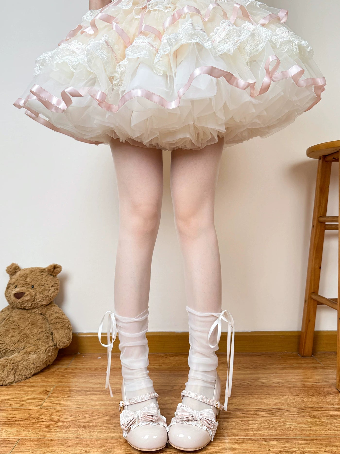 Chubby Bear Tales - Ballet Ribbon - Sheer Mid-Calf Socks with Long Ribbon Ties