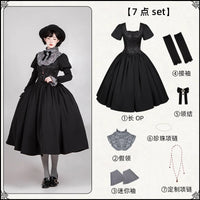 With PUJI - Old Testament - Lolita OP Dress, Detachable Styling - Long 7-piece set (OP + gray false collar + gray mini sleeves + sleeve attachments + bow + pearl necklace + custom necklace) - In stock / S