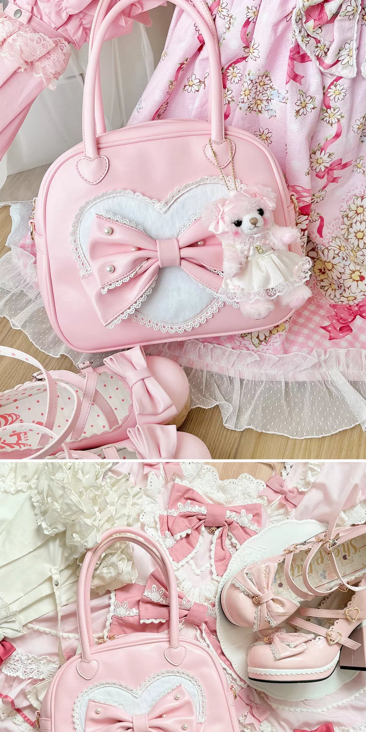sheeppuff - Heart Lace Boston - Boston Bag with Heart Panel and Bow