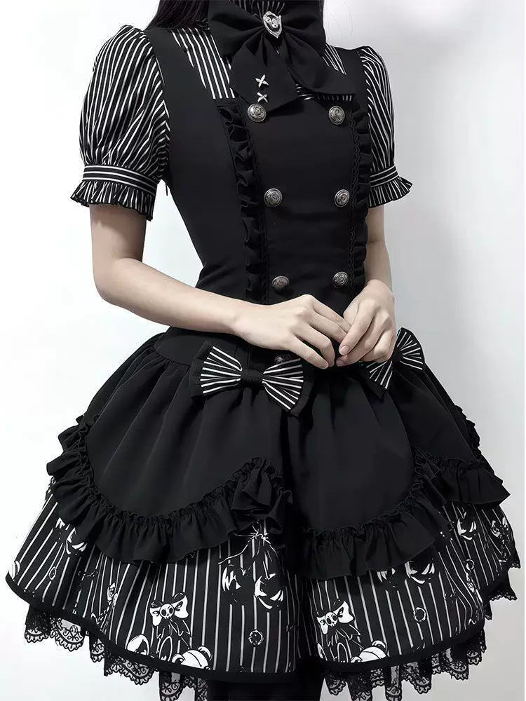 Sweetheart Dream Machine - Dark Sequence Ballad - Black-and-white striped JSK coordinate with puff sleeves