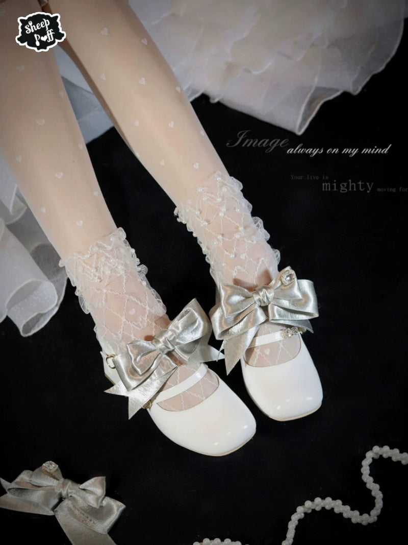 Sheep Puff Valentine Bow Mary Jane shoes featuring pink and red heart details, perfect for stylish and cute footwear.