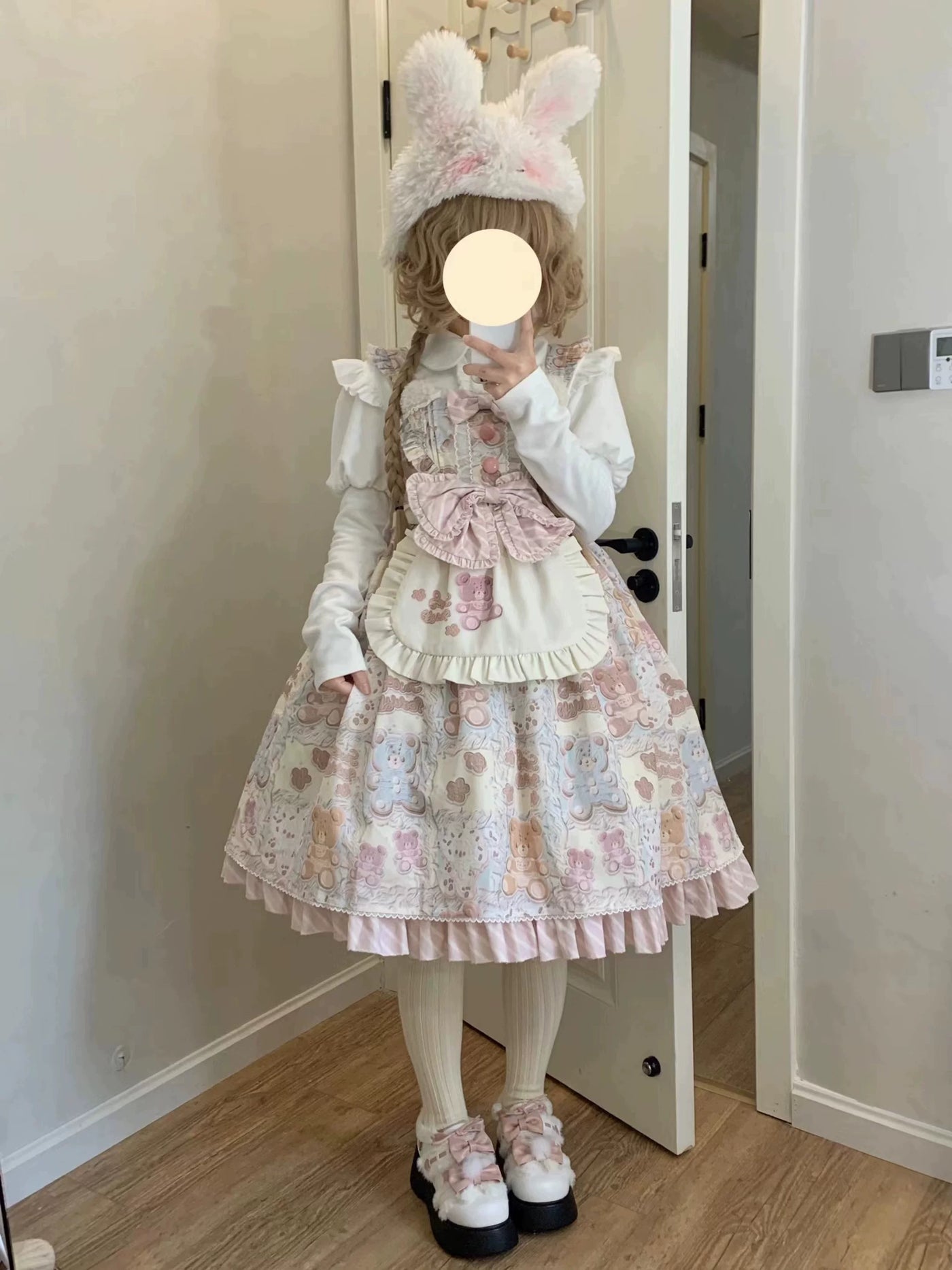 GZYRZ - Macaron Milk Bear - Teddy Bear Print JSK with Apron and Headband Options