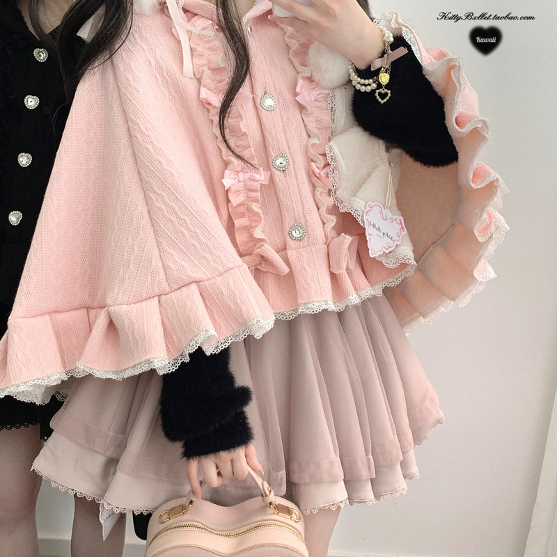 KittyBxllet Pompom Sweetheart Hooded Fleece-Lined Cape — additional product view