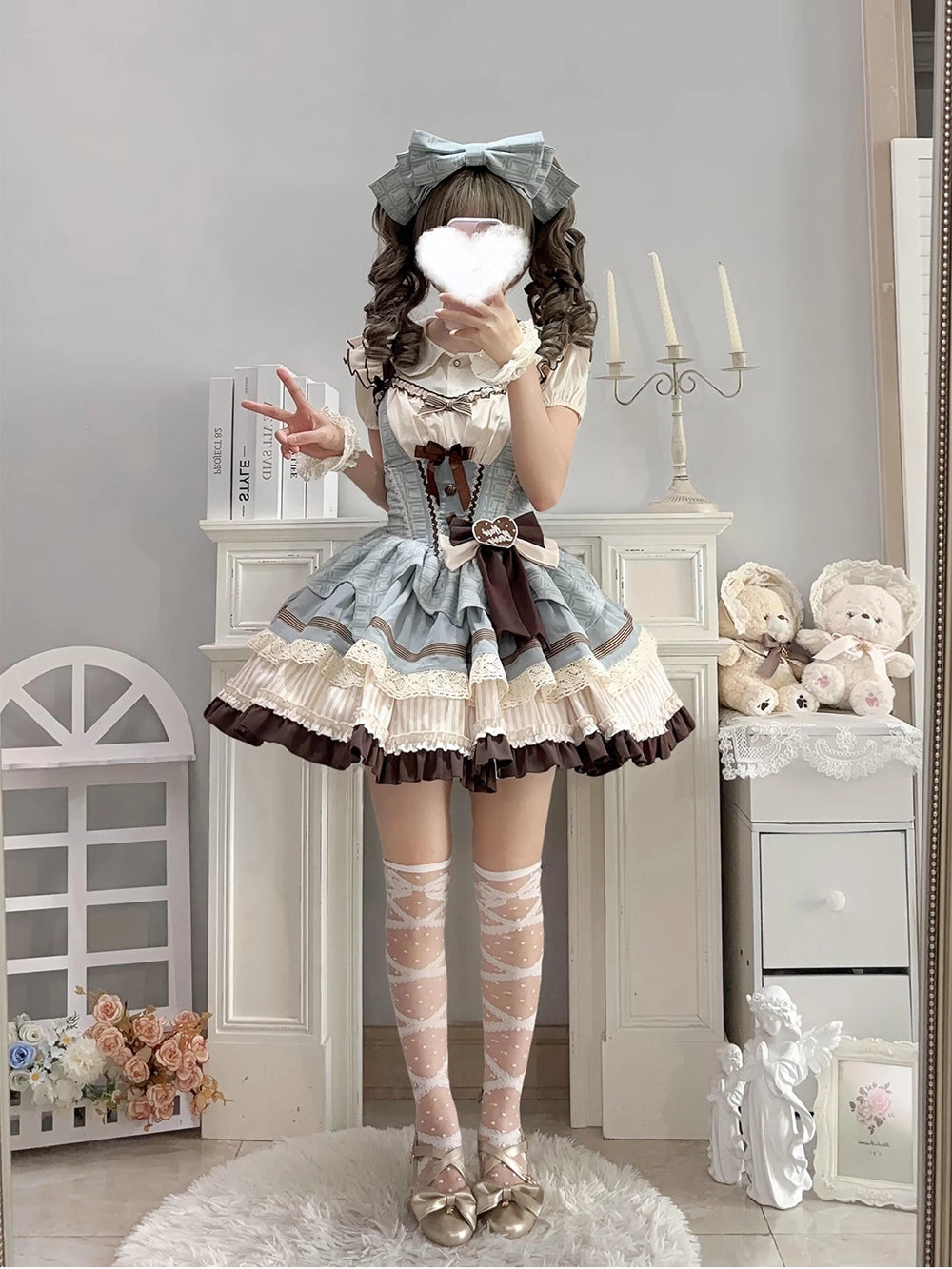 Creamy mint and brown JSK coordinate set with waist bow and KC headpiece
