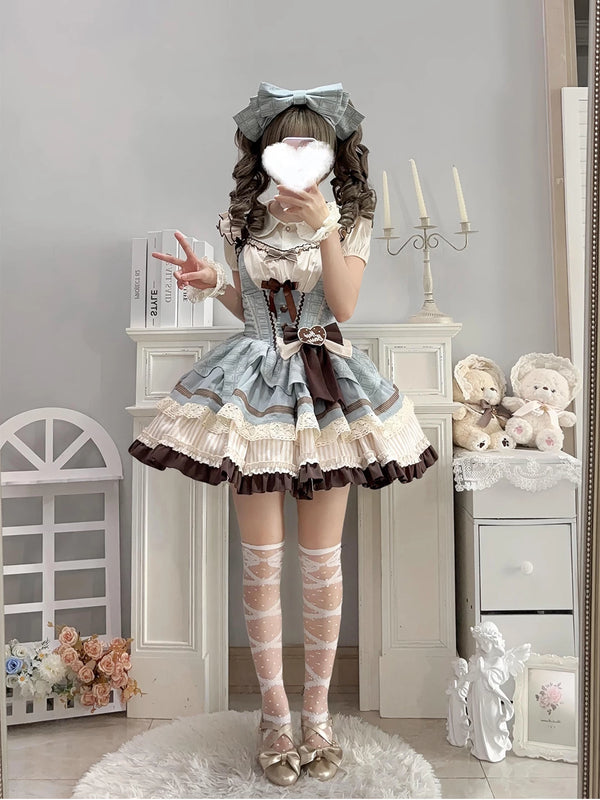 Creamy mint and brown JSK coordinate set with waist bow and KC headpiece