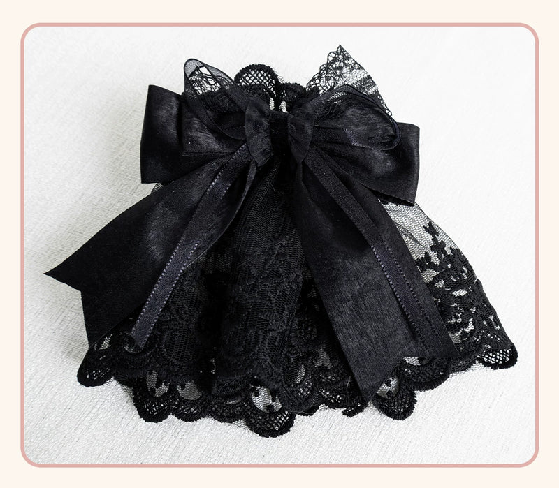 Stardust Rose - A035 Black Lace - Black Lace Headwear and Hand Sleeves with Ribbon Bows