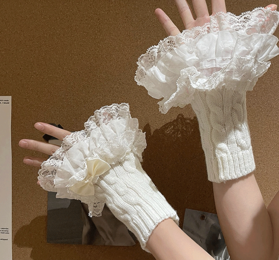 Fantasy Doll - Bowed Lace Layers - Knit Mid-Calf Leg Warmers with Lace Ruffles and Bows