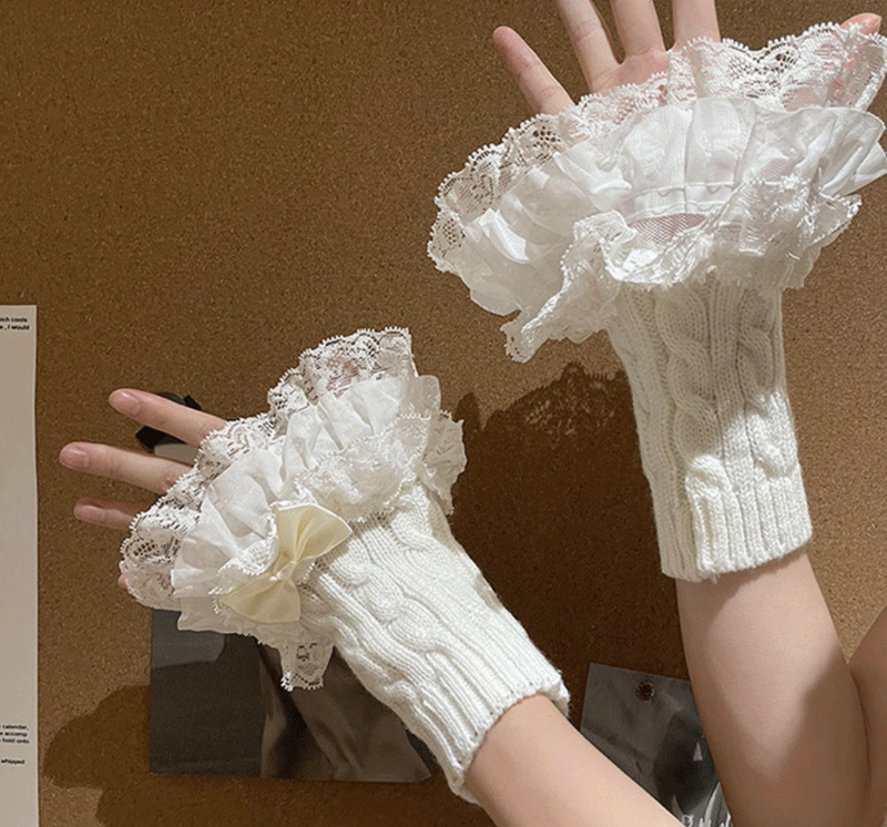 Fantasy Doll - Bowed Lace Layers - Knit Mid-Calf Leg Warmers with Lace Ruffles and Bows