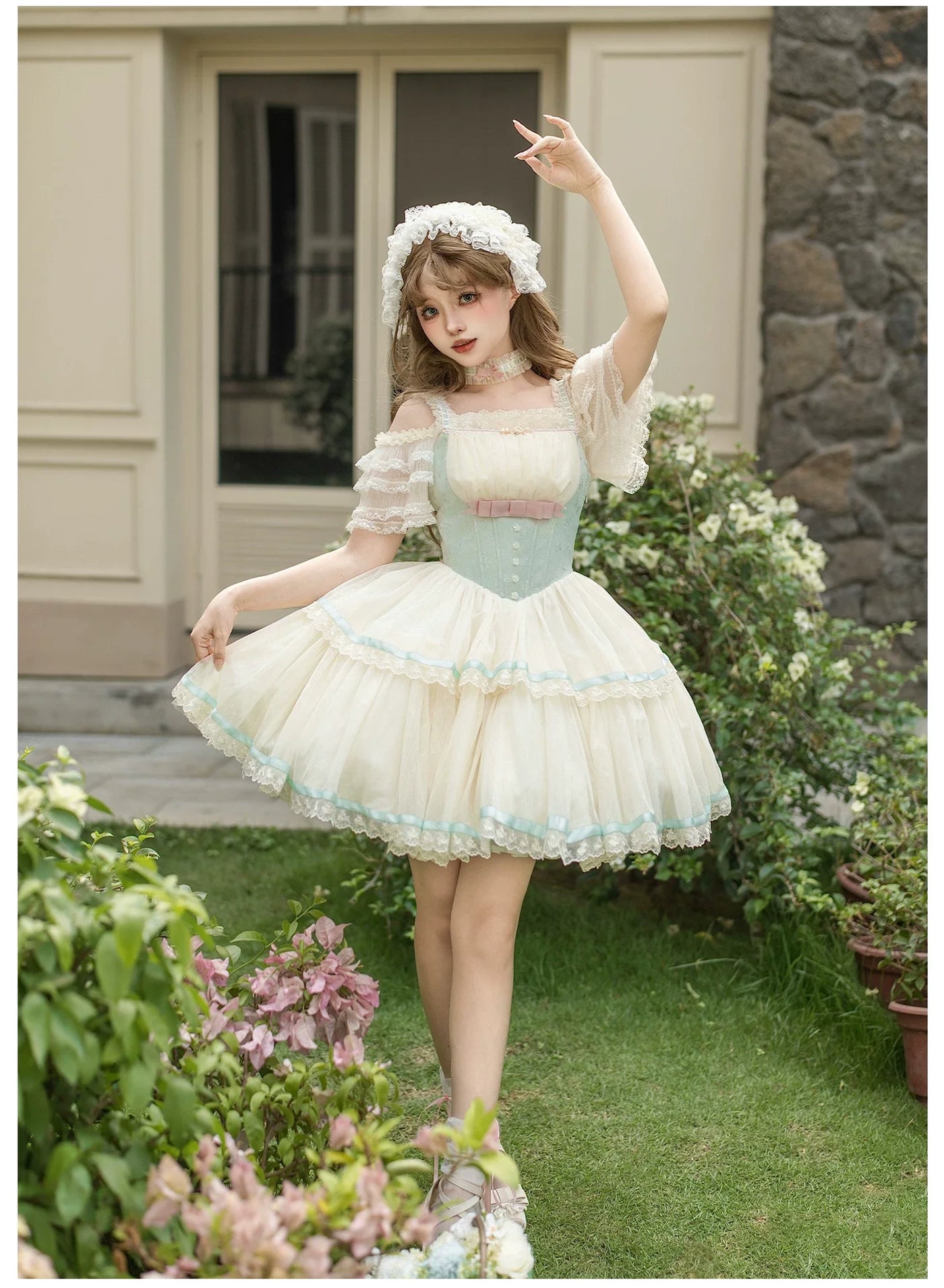 With PUJI - Sea Salt Soda - Classic Lolita Adjustable Corset JSK Dress, Tiered Tulle Hem