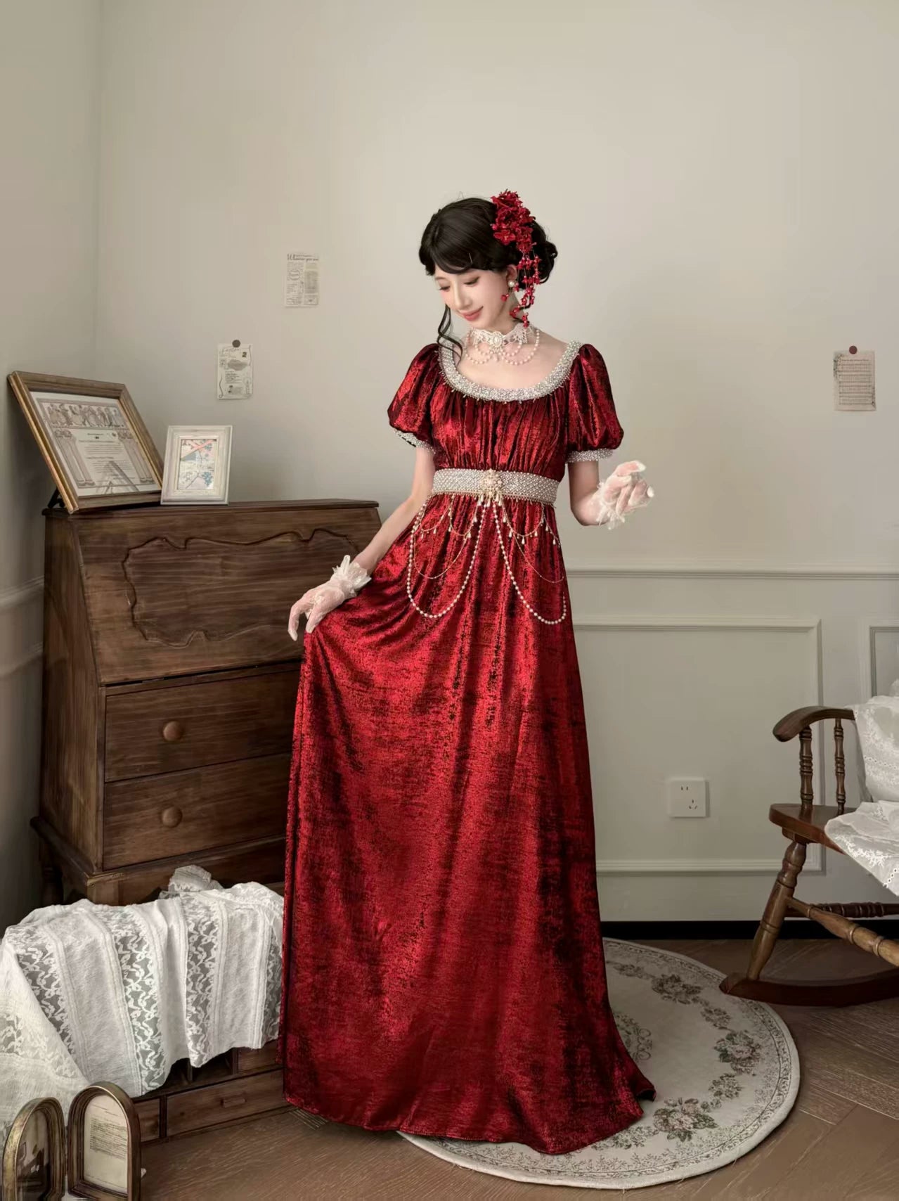 Thousand Wood - Moonlight Amber - Long OP Dress with Empire Waist and Beaded Trim