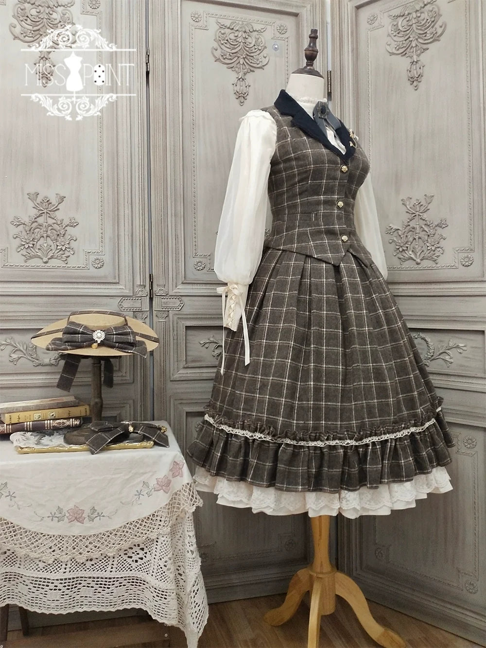 (BFM)Miss Point~Rose~Elegant Lolita Fishbone Grid Skirt Customized (2XL L S) 32512:384990