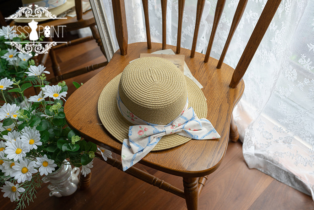 Happy Summer Cute Lolita Hairdband Straw Hat blue rhombic lattice straw hat