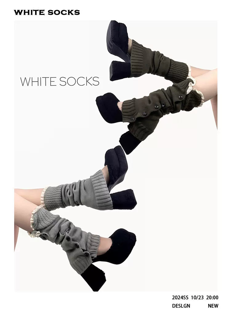 White Socks - Harajuku Ruched - Knit Leg Warmers with Ruffled Cuffs