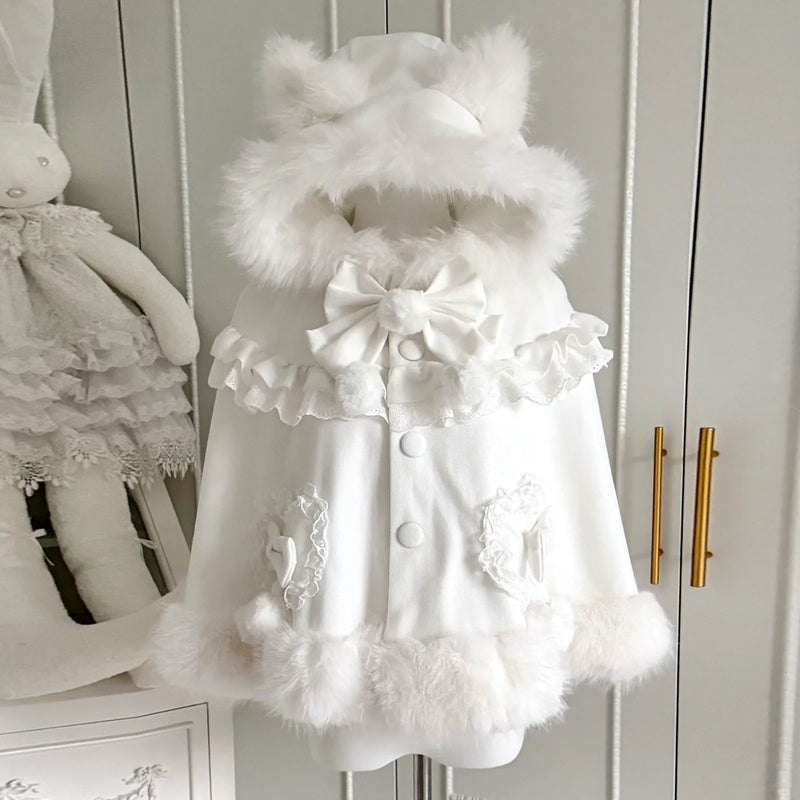 Candy Dream Fluffy Cat Fleece-Lined Lolita Cape — White