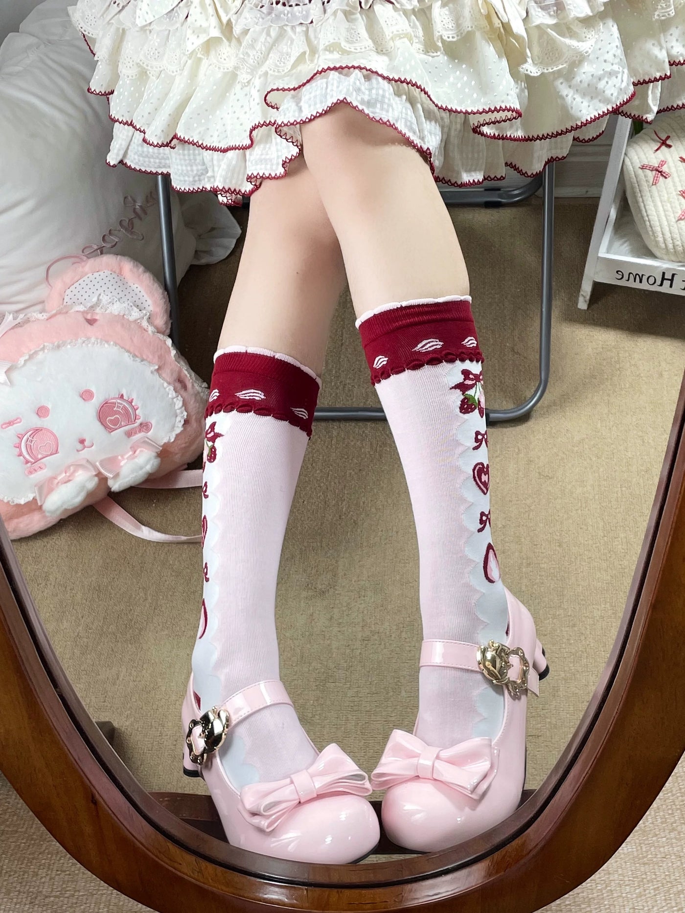 Fantasy Doll - Strawberry Cherry - Embroidered Mid-Calf Socks in Three Colour Options