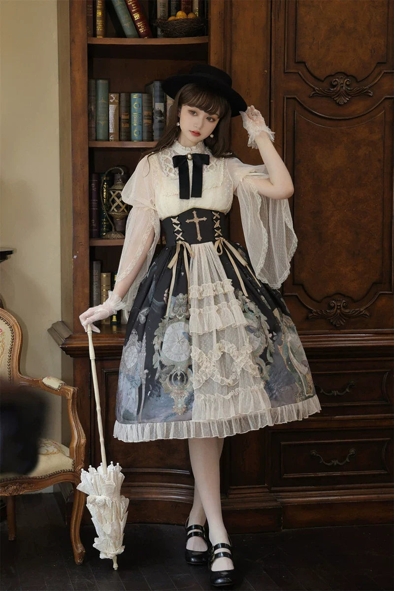 Your Princess - Clock Butterfly - Gothic Lolita Printed Blouse and Corset Skirt Set