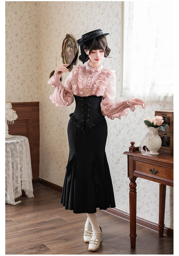 With PUJI - Blake - Boning Gothic Lolita Mermaid Skirt, Lifted-hem SK