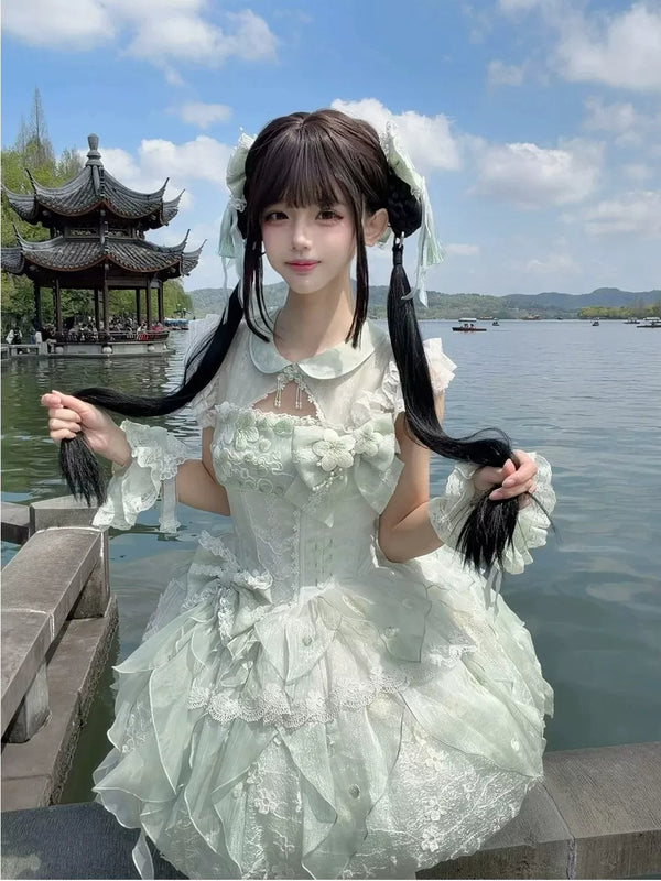 Creamy green JSK full set with bubble skirt and layered ruffles