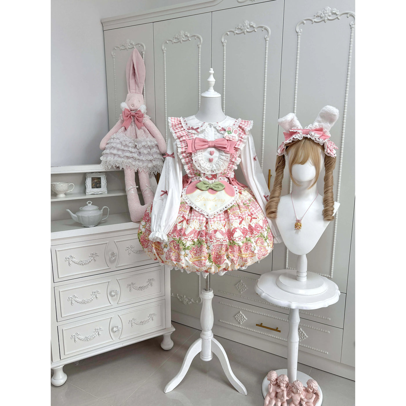 Bubble Bear - Strawberry Bunny - Red and Pink JSK with Gingham Ruffles
