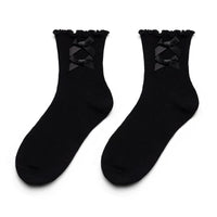 WAGUIR - Energetic Bow Ruffle - Cotton Short Socks with Bow and Ruffle Trim - Black / One Size