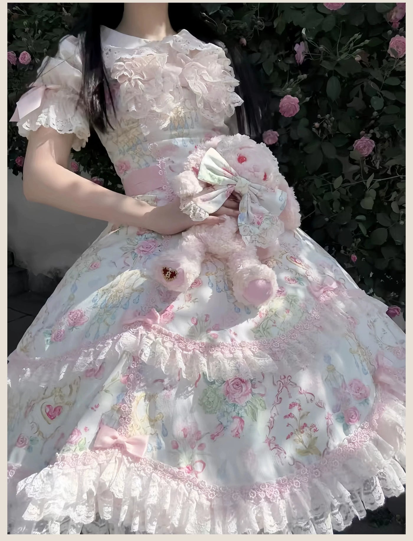Tata Long Ear - Spring 2025 Floral Wall - Floral Print JSK Dress with Layered Lace Ruffles