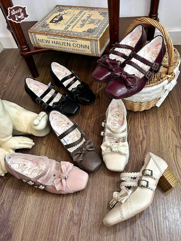 Sheep Puff Squared Bow 2.0 Mid Heel Lolita Shoes featuring a cute bow detail and stylish design in a classic shoe silhouette.