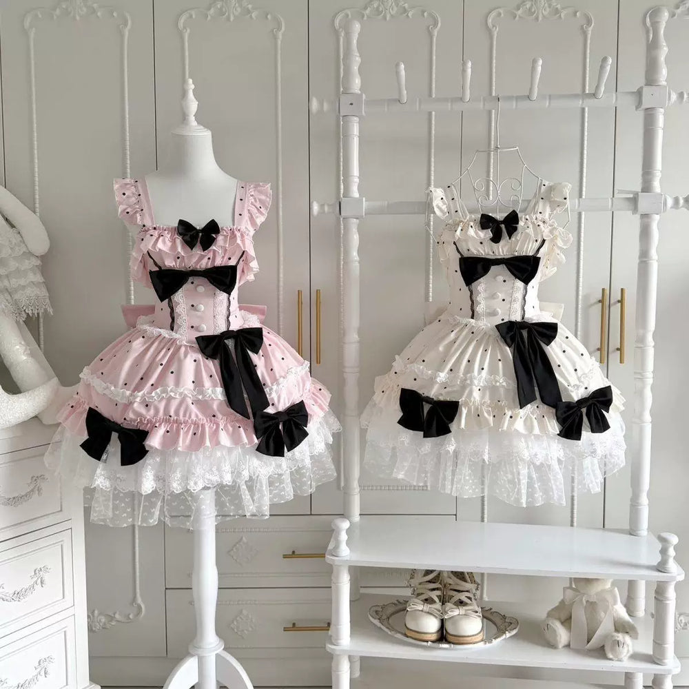 Sweetheart Dream Machine polka-dot OP dress with layered ruffles and black bows