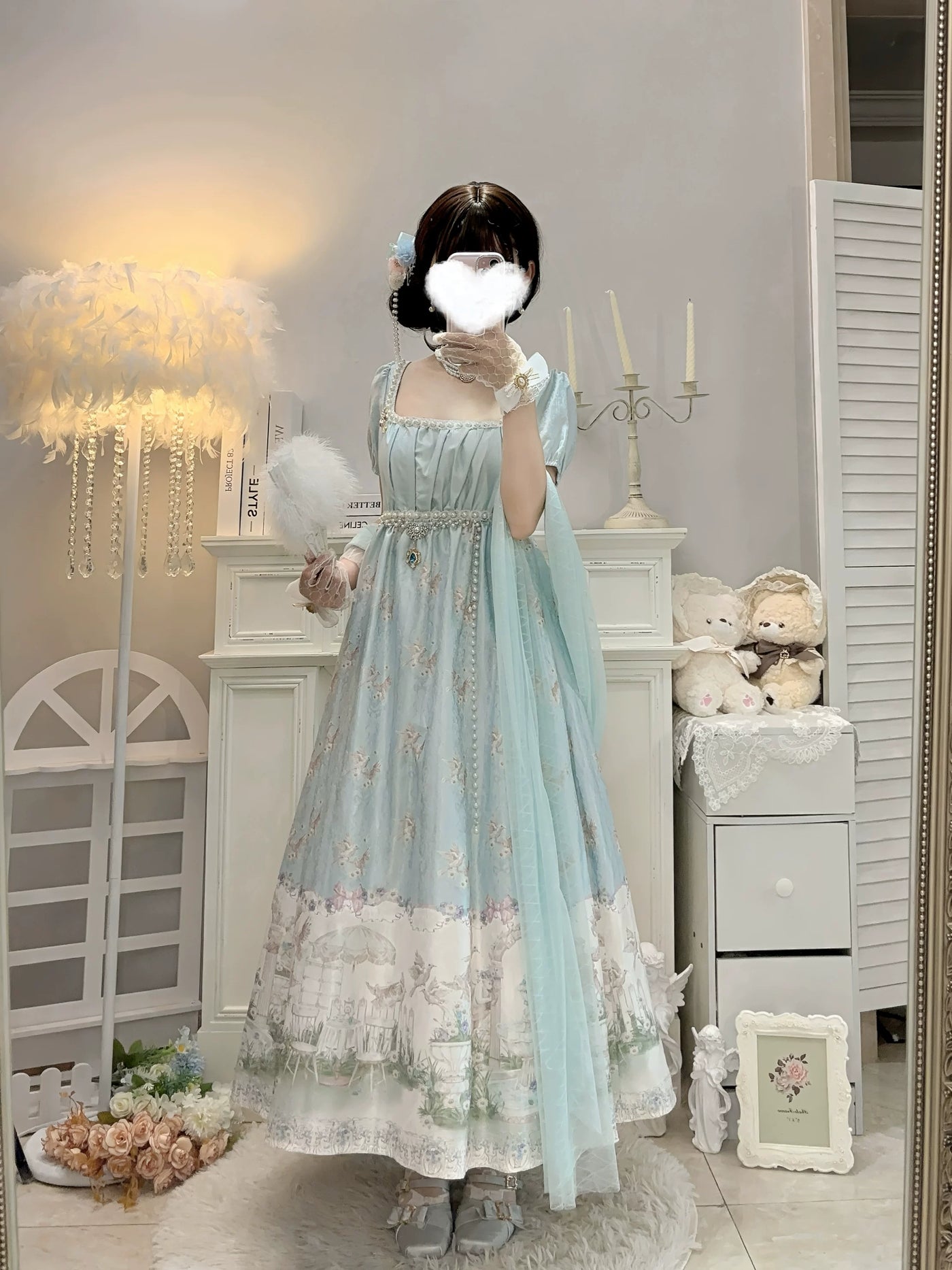 Cat Upon Cat - Angel Garden - Empire-Waist One-Piece Dress with a Garden Scene Hem