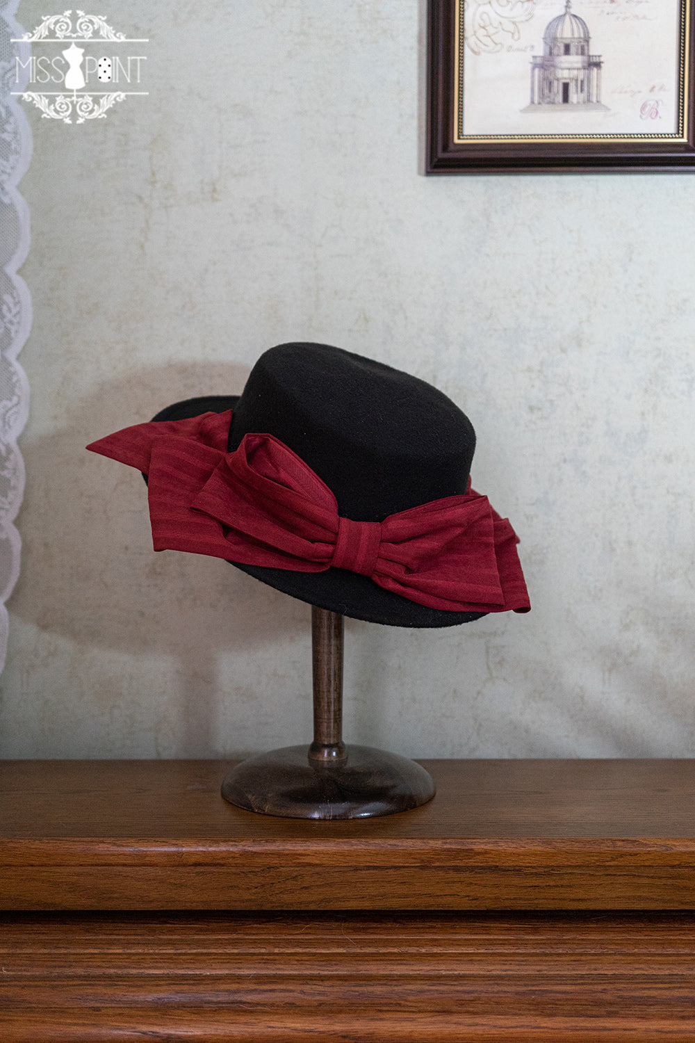 Stripped Lolita Headband Veil Hat Clip Necklace wine red top hat
