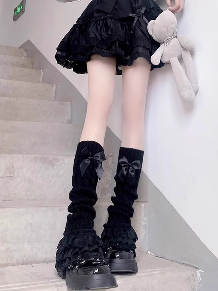 Fantasy Doll - Y2K Bow Knit - Leg Warmers with Bows and Lace Trim