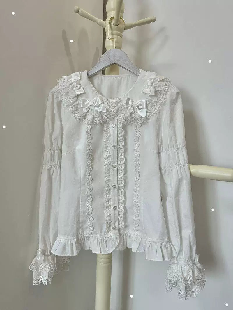 Sweetheart Dream Machine - Vintage Doll Collar - Blouse with Lace Trim, Bow Accents and Ruffled Hem