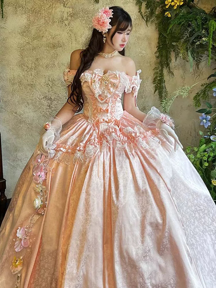 Pink lolita ball gown with floral appliqués and optional skirt support add-on